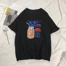 Camiseta de manga corta para mujer, estilo coreano holgado, ropa de verano, tops de moda vintage, ropa de calle de verano, camisetas gráficas, top Y2K - Negro - Ver 1