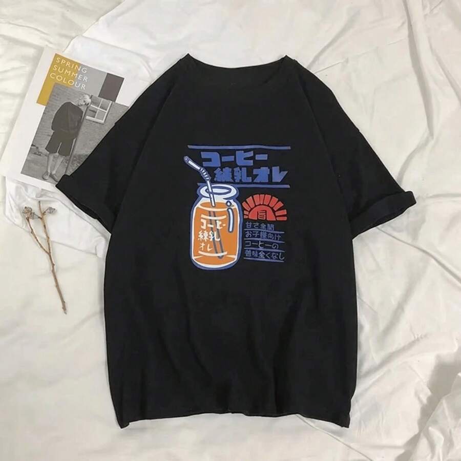Camiseta de manga corta para mujer, estilo coreano holgado, ropa de verano, tops de moda vintage, ropa de calle de verano, camisetas gráficas, top Y2K - Negro - Ver 1