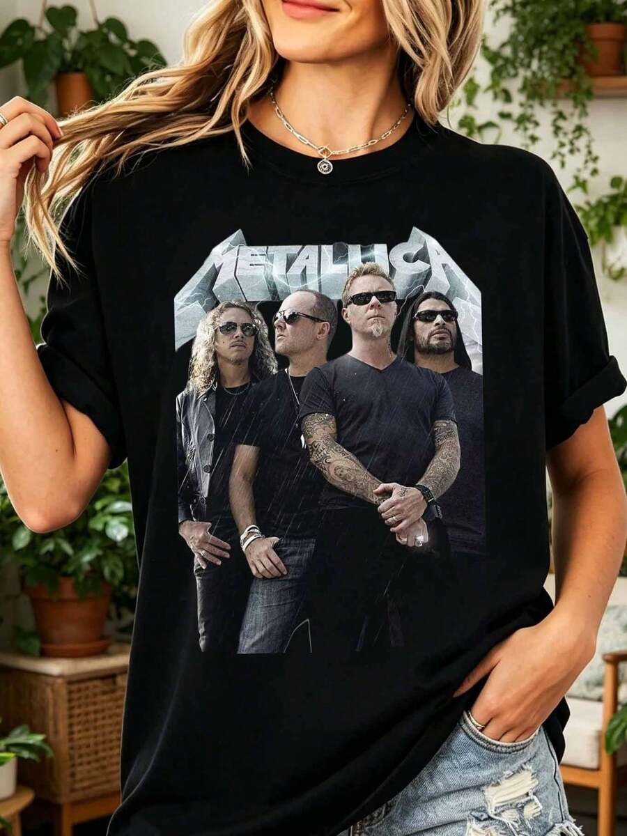 MetallicaMetallica T-Shirt 100% Cotton Metal Band Vintage Concert Unisex Graphic Tee - 黑色 - 查看 1