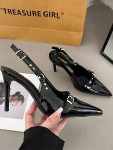 亮面水鑽蝴蝶結銀色優雅尖頭顯瘦女款高跟一腳蹬鬆弛感粗跟單鞋 - 黑色 - 查看 5