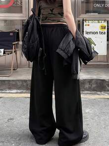ZZG 女款簡約字母印花休閒百搭時尚黑色抽繩寬鬆運動長褲,適合街頭風與運動穿搭 - 黑色 - 查看 3