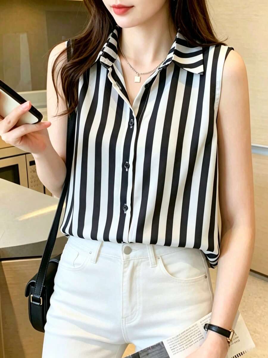 優雅女款極簡主義無袖襯衫，黑白直條紋鈕扣式，休閒無袖領口上衣夏季