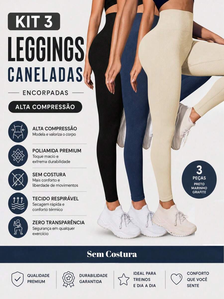 Set Of 3 Ribbed High-Waisted Leggings In High-Compression Polyamide - Black/Navy/Cream - View 1