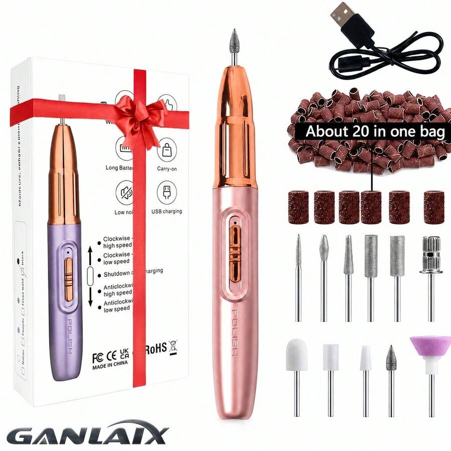 GANLAIX 专业指甲钻套装、USB 充电指甲钻、300mAh 锂电池、修甲和修脚套装、家用和沙龙指甲锉套装、指甲抛光器、抛光工具
