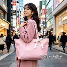 1pc Women's Waterproof Nylon Tote Bag, Pink With White Bow, Large Capacity Zipper Handbag, Durable And Lightweight, Perfect For Work, School, Travel And Daily Use - View 2