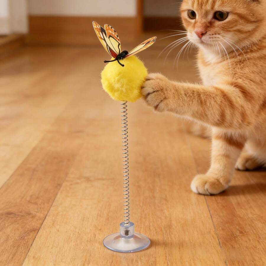 3pcs Butterfly Interactive Cat Spring Ball Toys - Random Color, Suction Cup Design, Battery-Free, Durable Material, Suitable For All Cat Breeds Interactive Self-Entertainment. Pet Entertainment | Fun Design - Multicolor - View 1