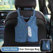 EIGIIS Car Tissue Box Storage Hanging Bag, Plush Tissue Cover, Suitable For Car Back Seat, Home Bathroom, Bedroom, Office Desk, Travel Car Storage Organizer Bag, Denim Overalls Style - A - View 8