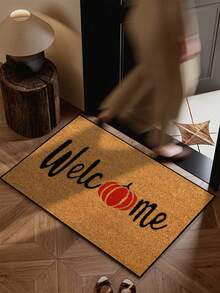 1pc Minimalist Red Pumpkin Welcome Letter Pattern Entryway Door Mat, Fun Minimalist Style Short Plush Quick-Dry Non-Slip Machine Washable Door Mat, Home Decor, Soft Furnishing Decor, Suitable For Kitchen, Bathroom, Dining Room, Entrance Mat, Party, Gathering, All Seasons, Yard Decor - Mustard Yellow - View 2