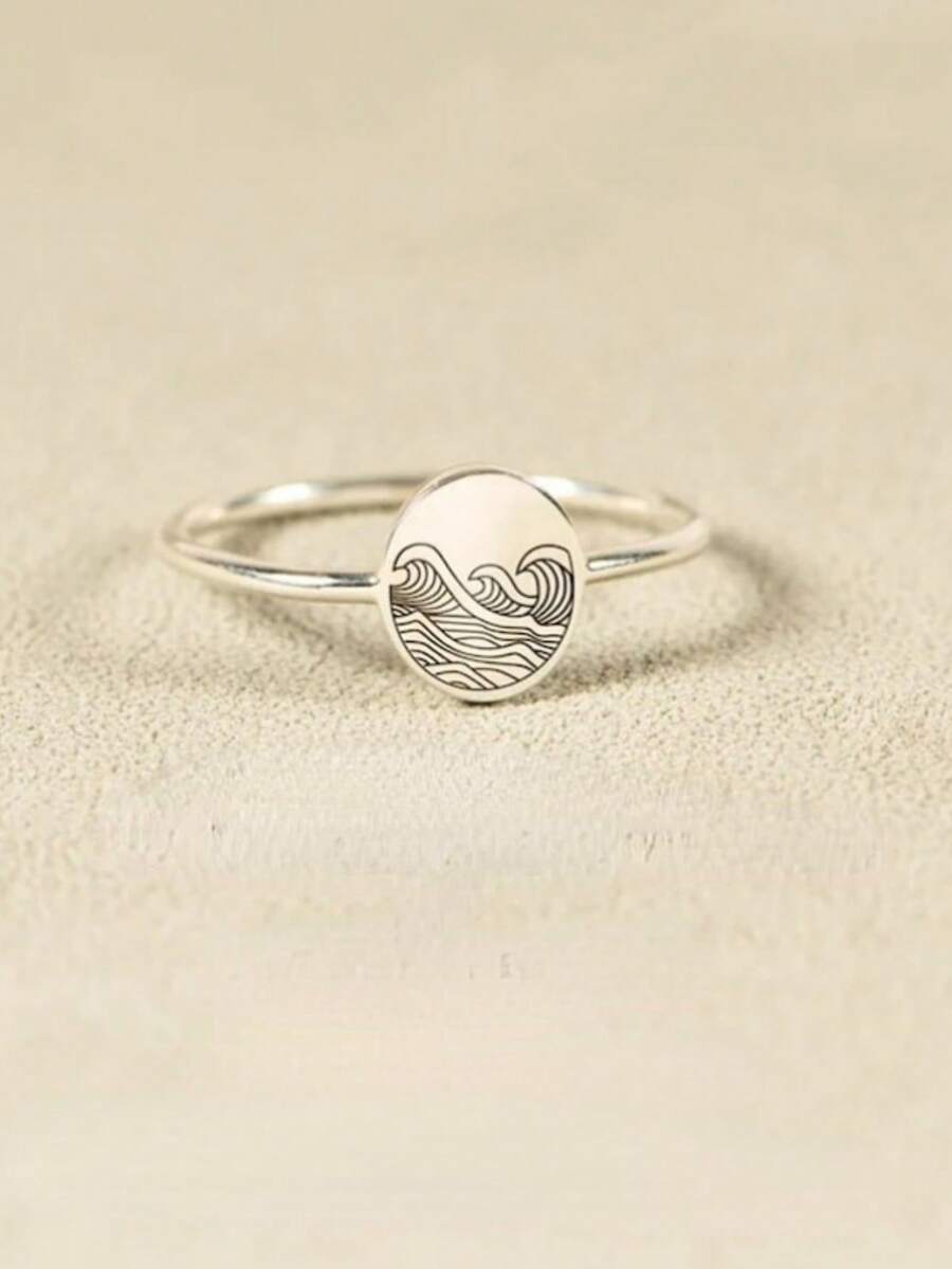 Simple Sea Wave Rings Engraved Oval Rings For Women Copper Minimalist Finger Ring Birthday Gift Jewelry - Silver - View 1