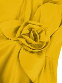 AOMEI Elegant Sophisticated Noble Plus Size Women Yellow V Neck Long Sleeve Ruffle 3D Floral Mid-Length Bodycon Dress Birthday Party Wedding Guest For - Ginger - View 3