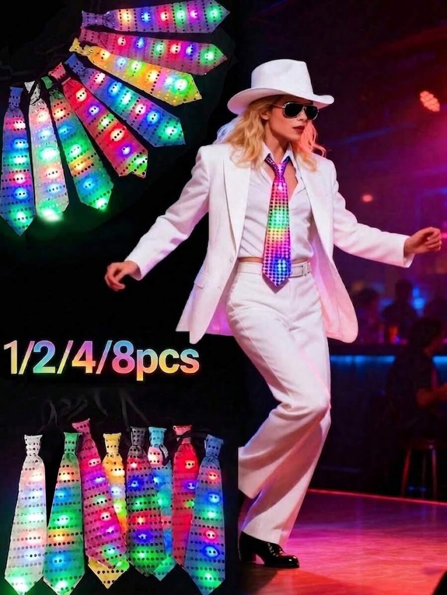 1/2/4/8pcs LED Light Up Tie, Led Colorful Light Up Bow Tie, Luminous Party Ornaments, Party Rave, Glow Party, Glow In The Dark, Suitable For Night Club, Concert, Birthday Party, Wedding, Performance, Atmosphere Decoration, Neon Light Party