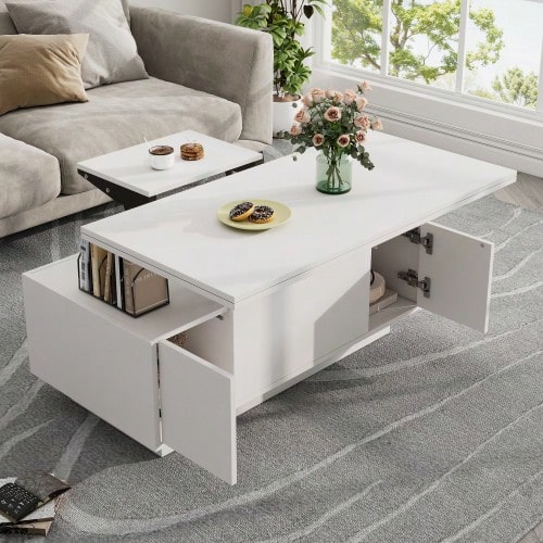 Modern Coffee Table With Double Lifting Mechanism, Hidden Storage Space – Load Capacity Up To 50 Kg - 白色 - 查看 1