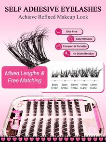 Asiteo 80pcs D Curl Self-Adhesive Single Cluster False Eyelashes 8-12mm Mixed Length, Natural Soft No Glue Needed, DIY Eyelash Extensions, Suitable For Beginners, Cute Cartoon Pet Style Segmented False Eyelashes, Eyelash Clusters - D - View 3