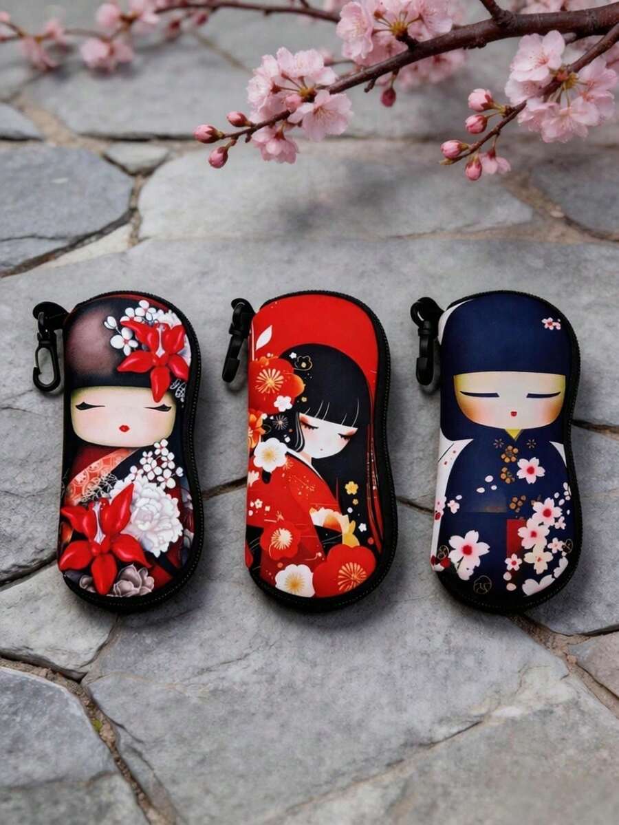 1pc Zipper Eyeglass Case, Cute Girl Red Kimono Design, Neoprene Waterproof Eyeglass Pouch, Universal Size With Keychain, Lightweight Portable Travel Eyeglass Bag, Multi-Functional Storage Bag, Back To School Gift, Holiday Hanging Ornament Essential