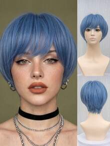 Fog Blue Layered Short Bob Wig, Natural Fluffy Straight Hair Matte Synthetic Fiber Wig With Bangs, Harajuku Egirl Style Wig, Suitable For Daily Wear And Anime Cosplay - Multicolor - View 10