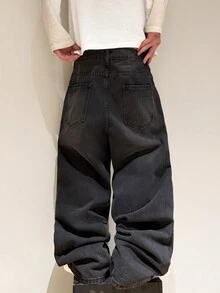 Justice Brother 1件裝 香港風通勤休閒男士牛仔褲，簡約經典百搭寬鬆寬腿牛仔長褲（不含腰帶/配件） - 黑色 - 查看 7