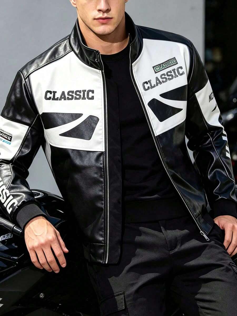 Nueva chaqueta de cuero para motocicleta para hombres, chaqueta de cuero para hombres, chaqueta de carreras de color contrastante para hombres, chaqueta deportiva de ajuste holgado de marca - Negro - Ver 1