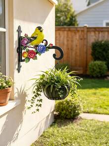 Colorful Goldfinch & Floral Decorative Wall Mount Plant Bracket, Wrought Iron Hanging Flower Pot Hook, Heavy Duty Anti-Rust Hanger For Hanging Basket, Bird Feeder, Wind Chime, Lantern, Outdoor Patio Yard Porch Garden Wall Art Decor - Yellow Bird Flowers - View 7
