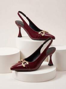 1 Paar 2026 neue Teenager High Heel Sandalen, Metall-Pferdebit-Schnalle Hardware Dekoration, glänzendes Lackleder PU Material, spitz zulaufende Zehenpartie mit elastischem dünnem Rückriemen, asymmetrischer Trompeten-Stiletto-Absatz, Vintage reifer Stil rückenfreie High Heel Sandalen für Dating, Party, Pendeln - Bordeaux - Übersicht 3