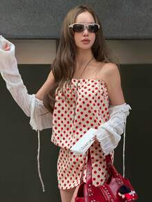 Top Dazzle 女款性感優雅波點抹胸無袖貼身短洋裝 - 紅色 - 查看 7