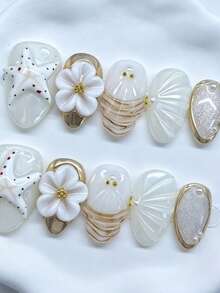 Shecass Almond 3D Ocean Beach Press On Nails, Handmade 3D Starfish Shell Flower Mermaid Tail Pearl Nude Gold Luxury False Nails Coastal Vacation Elegant Reusable Nail Set For Summer Seaside Wedding Daily Short Nails Back To School Graduation Y2k Gift - Multicolor - View 2