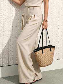 Fall Women High Waist Pleated Linen Blend Wide Leg Pants, Button Zip Solid Casual Trousers With Pockets - Apricot - View 9