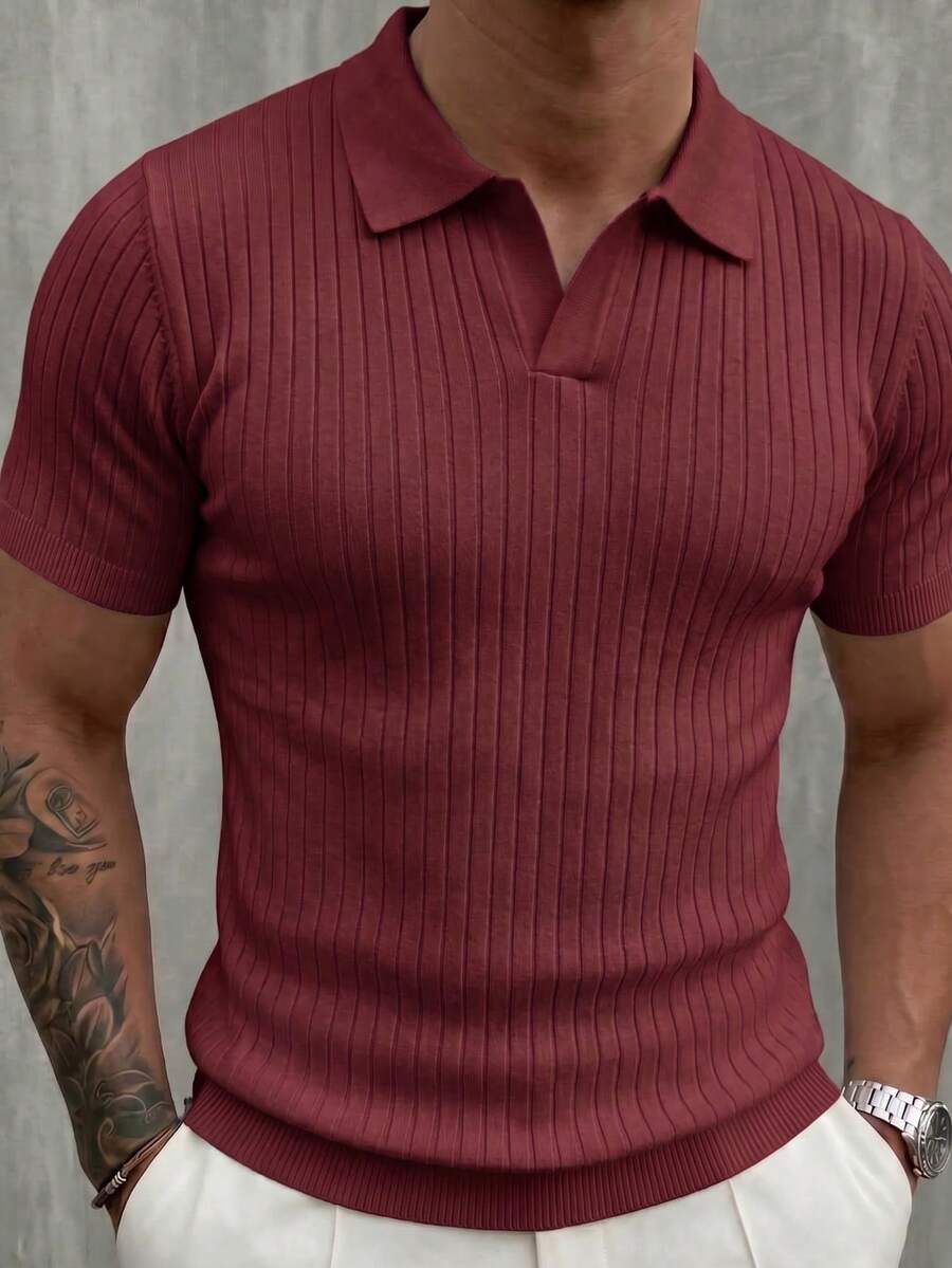 Camisa polo de manga corta de punto acanalado clásico para hombre, unicolor, adecuada para salidas de verano, artículo imprescindible de moda