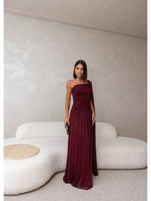 Long, One-Shoulder Party Dress In Dark Nude, Flowing Style, For Bridesmaids/Dates/Graduations/Guests. - Redwood - View 2