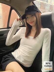 女款純棉長袖T恤，白色深U領上衣，百搭修身純色內搭底衫，適合秋冬 - 白色 - 查看 2
