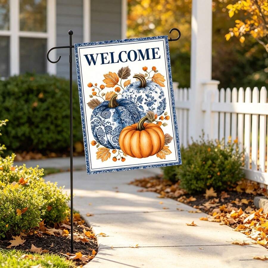 1 Decorative Flag With Blue And White Pumpkin Theme, Suitable For Autumn Use, Size 12*18 Inches. This Double-Sided Garden Flag Is Perfect For Yard Decor And Outdoor Use, Sold As Flag Only.