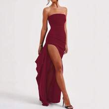 Vestido largo sexy sin tirantes para mujer, de verano, elegante, ajustado, con abertura alta, de color sólido y plisado. - Burdeos - Ver 3