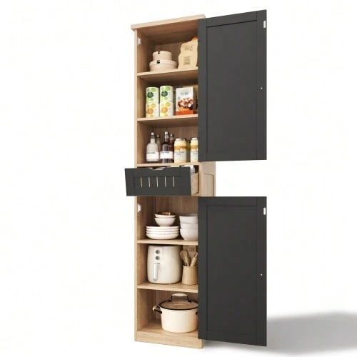 Kitchen Cabinet, 170 * 40 * 30 Cm, With 2 Doors And 1 Drawer, As Well As Adjustable Shelves For Flexible Storage. Suitable For The Kitchen, Dining Room Or Living Room. - Black - View 1