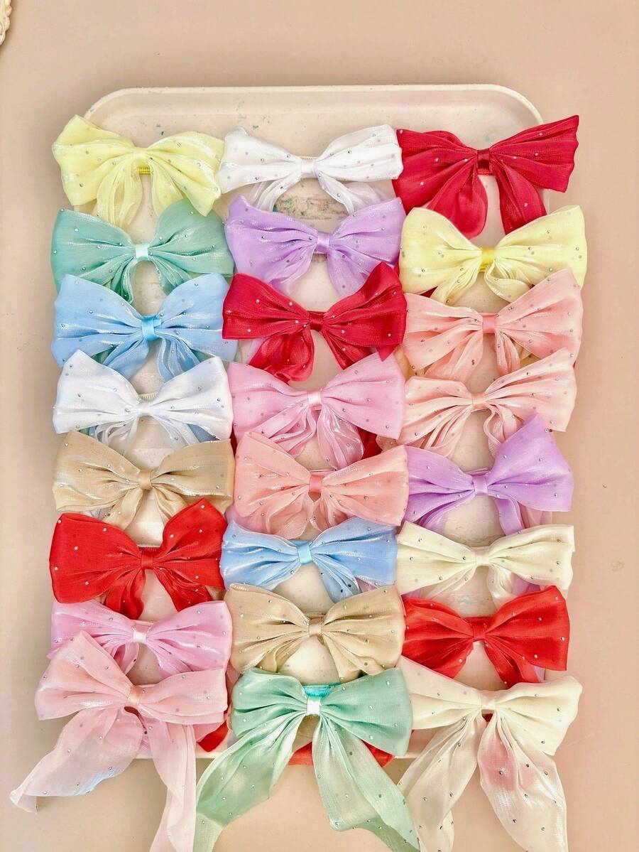 3/6pcs Random Multi-Color Rhinestone Glitter Mesh Bow Hair Accessories Set, Includes Long Sparkling Ribbon Bow Hair Clips And Solid Color Pearlescent Organza Multi-Style Hair Clips, Sweet Cute Versatile Hair Ornaments For Daily, Date, Sports, School And Casual Wear - Multicolor - View 1