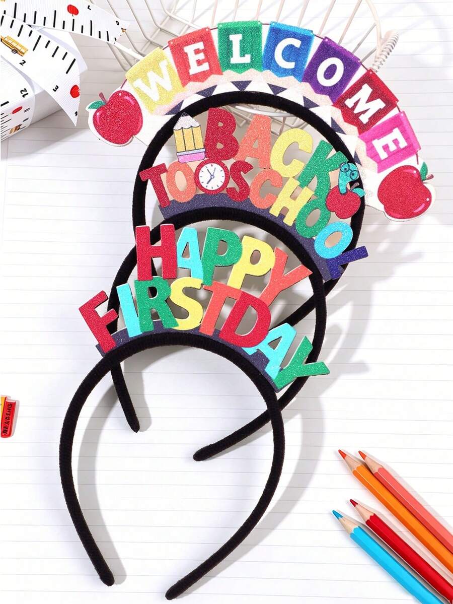 1/3 pièces Bandeau à lettres pailletées pour la rentrée scolaire, bandeau créatif en forme de crayon, joyeux premier jour d'école, bienvenue à l'école, cadeau pour une élève - Multicolore - Voir 1