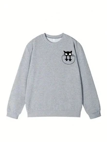 女款極簡口袋黑貓印花灰色圓領衛衣,可愛卡通動物長袖寬鬆套頭上衣,基礎百搭慵懶休閒通勤秋冬內搭 - 灰色 - 查看 3