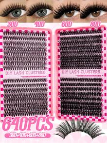 大容量 640片 D捲度簇狀睫毛書本套組，混色 30D/40D/50D/60D 9-16mm，完整 DIY 套裝附膠水、鑷子與刷子，蓬鬆柔軟單根睫毛，適合初學者日常、戲劇化、Cosplay、漫畫風眼妝 - 黑色 - 查看 6