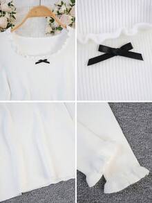 Sweet Desire Wood Ear Trim Square Neck Knitted Base Layer Top Women Spring Autumn New Slim Fit Ribbed Long Sleeve Blouse Bow Decor Slimming Inner Wear Sweater - White - View 7