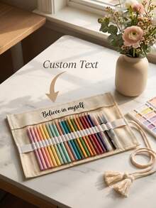 1Pc Personalized Custom Text Canvas Pencil Case Roll Organizer With 12/24 Slots For Colored Pencils & Brushes, Waterproof & Durable Art Pouch For School Office Travel, Stylish Stationery Storage For Artists Women, Perfect Creative Gift - Multicolor - View 9