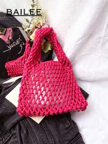 BAILEE Fashionable Colorful Polyester Yarn Hand-Woven Pattern Tote Bag With Ocean Charm, Suitable For Vacation - Hot Pink - View 7