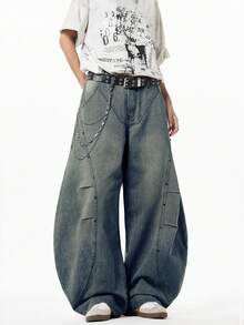 Modcrash Justice Brother 1pc Japanese Style Casual Men's Denim Cocoon Pants, Versatile Personalized Beaded Washed Fashion Wide Leg Loose Long Pants Fall/Autumn/Winter - Blue - View 8