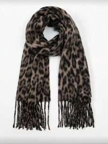 1pc Leopard Print Fashion Striped Warm Women's Dark Brown Thick Scarf, Bohemian Casual Couple Shawl, Comfortable Blanket Scarf, Suitable For Daily Wear - Brown - View 3
