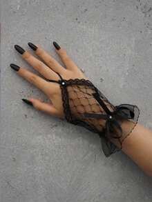 1 Pair Bowknot Hook Short Lace Gloves - Black - View 2