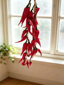 1件裝仿真辣椒花環，逼真假蔬菜與仿真農產品植物藤蔓，農舍風格收穫裝飾，秋季感恩節，廚房餐廳儲藏室壁掛，鄉村農場派對道具，秋季家居裝飾，仿真植物，房間裝飾，牆面裝飾，收穫節掛飾 - 紅色 - 查看 5