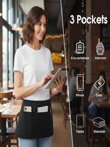 1pc 3-Pocket Black Server Apron, Short Half-Body Waist Apron For Catering Work Uniform - Multicolor - View 5
