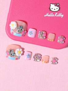 Sanrio Hello Kitty 24pcs Short Square French Style Press-On Toenails, Cute Hello Kitty Rhinestone Flower Design, Summer Style, Perfect Fit Acrylic Fake Toenails, Includes 1pc Jelly Glue And 1pc Nail File, Suitable For Girls' Daily And Party Use - Multicolor - View 2