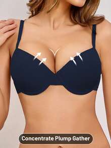 Women's Solid Color Minimalist Underwire Push-Up Bra - Blue - View 3