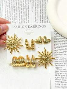 1 Paar - 10 Paar Damen-Ohrringe im europäischen & amerikanischen Stil, in Gold, mit Blumen-, Wassertropfen-, Sonnengott-, Herz- und Streifenmustern, geeignet für den täglichen Gebrauch, Treffen und Partys. - Gold - Übersicht 2