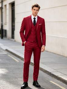 WindsorQuad 男士三件式優雅西裝套裝，純色修身單排扣婚禮外套、背心、長褲附領帶，正式派對商務正裝 - 酒紅色 - 查看 2