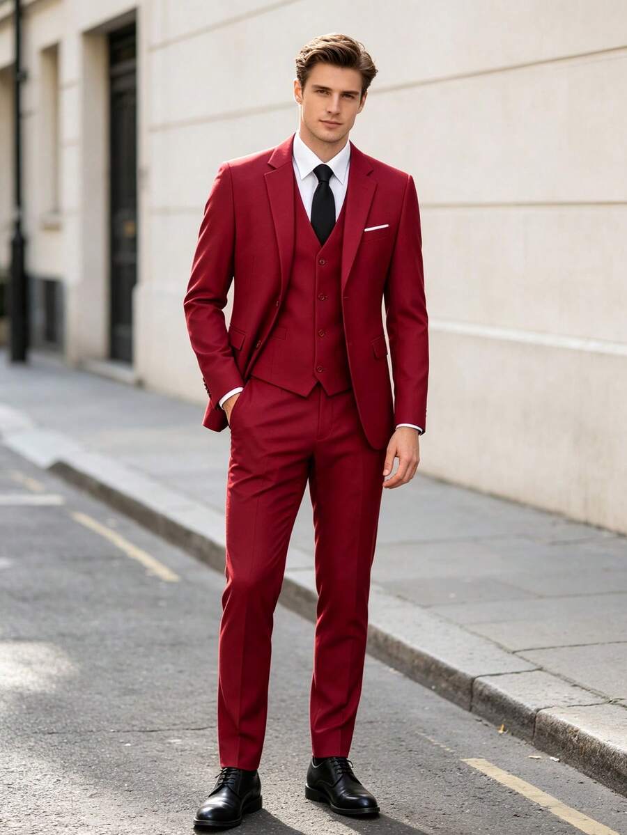 WindsorQuad 男士三件式優雅西裝套裝，純色修身單排扣婚禮外套、背心、長褲附領帶，正式派對商務正裝