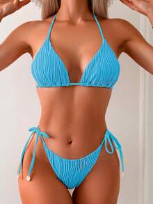 Conjunto de 2 piezas de bikini de triángulo con espalda de tela de textura de onda especial de unicolor para mujer, verano - Lago Azul - Ver 1